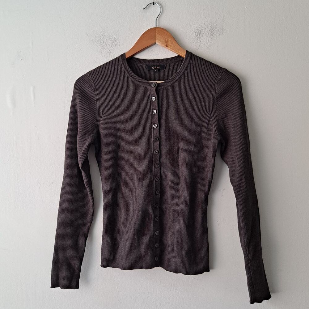 Quince Fitted Ribbed Cardigan Cotton Cashmere Mocha Heather Brown Womens Size S - Picture 4 of 11